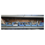PLASTIC PARTS BINS AND CONTENTS ON SINGLE SHELF MARKED 2009 INCLUDING HINGES, CABINET HARDWARE, AND MORE