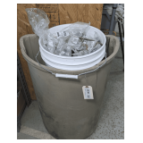 TRASH CAN AND 5 GALLON BUCKET FILLED WITH FURNITURE HARDWARE INCLUDING DRAWER PULL HANDLES AND MORE