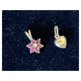 VINTAGE 14K GOLD FLOWER PENDANT WITH GENUINE DIAMOND & RUBIES (APPROX 1.03 GRAMS) & SMALL 14K GOLD HEART (APPROX .19 GRAMS)