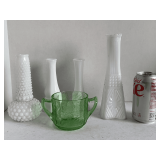 4 VINTAGE WHITE MILK GLASS BUD VASES & GREEN DEPRESSION GLASS JEANNETTE URANIUM SUGAR DISH "FLORAL"