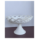 VINTAGE LARGE IMPERIAL SATIN WHITE MILK GLASS COMPOTE WITH LACE EDGE AND DIAMOND POINT PATTERN 7" TALL X 11" ROUND