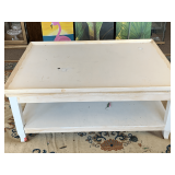 LARGE WHITE PAINTED 2 TIER WOODEN COFFEE TABLE 44" LONG X 32" WIDE X 19" TALL (DOES NOT INCLUDE CONTENTS ON TOP)