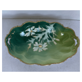 VINTAGE GREEN FLORAL BOWL WITH GOLD BEADING (APPEARS TO BE RS PRUSSIA) 12 1/2" LONG X 8 1/2" WIDE