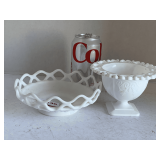 VINTAGE IMPERIAL SATIN WHITE MILK GLASS COMPOTE W/ LACE EDGE 6" ROUND & VINTAGE INDIANA GLASS LORAIN PATTERN WHITE MILK GLASS CANDY DISH 3 1/4" TALL