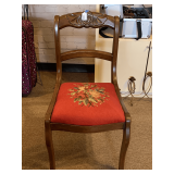 ANTIQUE MAHOGANY SIDE CHAIR W/ CARVED BACK & NEEDLEPOINT SEAT
