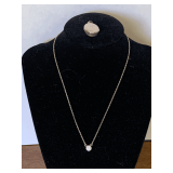 STERLING CHAIN WITH CZ STONE 16" & STERLING LOCKET WITH MOTHER OF PEARL (KNOT IN CHAIN)
