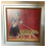 NICELY FRAMED KAREN DUPRE WOMAN WALKING CHEETAH PRINT 30" SQUARE