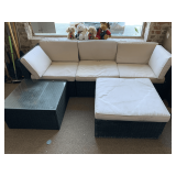 VINYL COATED WICKER COUCH, FOOTSTOOL & TABLE W/ VINYL CUSHIONS - SOFA 80" LONG, STOOL 28" SQUARE, TABLE 25" SQUARE