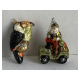 2 HAND BLOWN GLASS CHRISTMAS ORNAMENTS - SANTA HUNTER & TOUCAN
