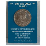 1974 TURKS & CAICOS STERLING SILVER .925 20 CROWNS (38.85 GRAMS) UNCIRCULATED - TO COMMEMORATE THE CENTENARY OF SIR WINSTON CHURCHILL FROM THE ROYAL CANADIAN MINT