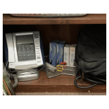 SHELF LOT OF ASSORTED OFFICE SUPPLIES TO INCLUDE TELEPHONE, BOOK BAGS & MORE