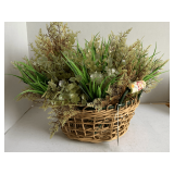 NICE BASKET W/ PORCELAIN HANDLES FULL OF REAL LOOK GREENERY