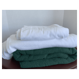 DARK GREEN THERMAL WEAVE BEDSPREAD W/ FRINGE, WHITE BEDSPREAD & WHITE FLANNEL TOPPER