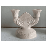 VINTAGE SHELL PINK JEANNETTE MILK GLASS DOUBLE CANDLESTICK "LOMBARDI" 5" TALL X 6" WIDE