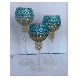SET OF 3 TALL TURQUOISE & SILVER CANDLEHOLDERS 12" TALL, 13 1/2" TALL, 16 3/4" TALL