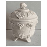 VINTAGE SHELL PINK JEANNETTE MILK GLASS LIDDED CANDY DISH "GRAPE" 5 1/2" TALL