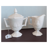 VINTAGE JEANNETTE SHELL PINK MILK GLASS COVERED SUGAR & CREAMER "BRADFORD PEAR" 6 1/2" TALL