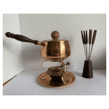 COPPER FONDUE POT W/ STAND & VINTAGE FONDUE FORKS W/ WOOD HANDLES