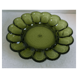 VINTAGE AVOCADO GREEN INDIANA GLASS HOBNAIL EGG TRAY 12" ROUND
