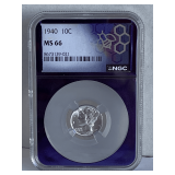 NGC GRADED MS66 PROOF SILVER 1940 MERCURY DIME