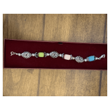 NEW/VINTAGE SILVERTONE BRACELET WITH PINK & BLUE STONES 7" IN ORIGINAL BOX