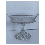 VINTAGE HIGBEE & CO "ETHOL" AKA "CUT LOG" FOOTED GLASS COMPOTE 7 3/4" TALL X 9 1/4" ROUND