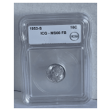 ICG GRADED MS66FB 90% SILVER 1953S ROOSEVELT DIME
