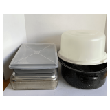 LOT TO CONSIST OF LARGE ENAMEL ROASTER PAN, CAKE TOTE & MORE