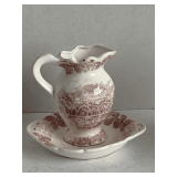 VINTAGE PINK TRANSFERWARE SMALL PITCHER & UNDERPLATE SET 4 1/2" TALL