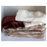 TWO 54X84 TAN PATTERNED CURTAINS, 84X84 BURGUNDY STRIPE SHEER, TWO 58X84 CREAM SHEARS