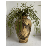 LARGE HAND PAINTED VICTORIAN VASE W/ GREENERY 15" TALL