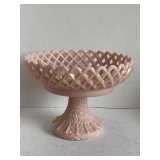ANTIQUE PINK MILK GLASS CHALLINOR TAYLOR FOOTED COMPOTE W/ OPEN LATTICE LACE BASKET 7" TALL X 9 1/4" ROUND