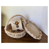 SMALL VINTAGE SEWING BASKET WITH MISC VINTAGE JEWELRY