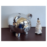 LARGE SILVER CERAMIC PIGGY BANK 8" LONG X 6" WIDE & VINTAGE CERAMIC CLOWN BELL 5" TALL