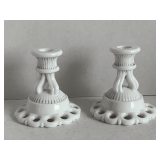 PAIR OF VINTAGE WESTMORELAND WHITE MILK GLASS CANDLESTICKS 4 3/4" TALL