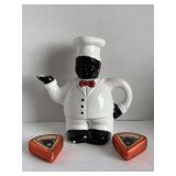 2 VINTAGE GLASS CHEESE SLICE ORNAMENTS & VINTAGE BLACK CHEF TEA POT