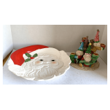 LARGE CERAMIC SANTA PLATTER 13 1/2" ROUND & RESIN SANTA GNOMES CANDLE HOLDER DECOR