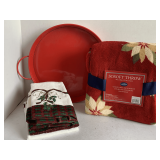 ROUND METAL TRAY, NEW 50X60 CHRISTMAS THROW & 4 NEW CHRISTMAS TOWELS