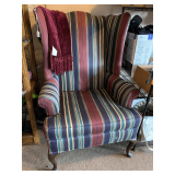 VINTAGE WINGBACK CHAIR W/ STRIPED UPHOLSTERY & BURGUNDY THROW