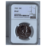 NGC GRADED PF67 SILVER PROOF 1963 FRANKLIN HALF DOLLAR