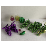 SMALL CONTAINER OF GREEN/PURPLE CHRISTMAS ORNAMENTS (CONTAINER NOT INCLUDED)