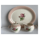 VINTAGE HOMER LAUGHLIN EGGSHELL SWING MOSS ROSE PLATTER, CRAMER & COVERED SUGAR