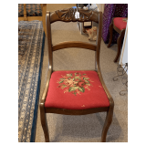 ANTIQUE MAHOGANY SIDE CHAIR W/ CARVED BACK & NEEDLEPOINT SEAT