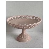 VINTAGE FENTON PINK MILK GLASS PIERCED LACE EDGE BACKWARD C FOOTED COMPOTE W/ TEARDROP BASE 5 1/2" TALL X 8 3/4" ROUND