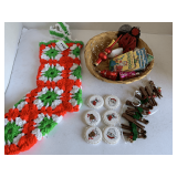 BASKET OF HANDMADE & MINI CHRISTMAS ORNAMENTS & HANDMADE CROCHET CHRISTMAS STOCKING