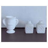 VINTAGE PAIR OF WHITE SATIN MILK GLASS SALT/PEPPER SHAKERS & SMALL VINTAGE WHITE MILK GLASS VASE