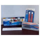 NEW TESTORS ENAMEL 9 COLOR PAINT SET, NEW ART BRUSHES, 2 NEW TUBES OF GLUE, & NEW BOX OF PAINTING TOOLS