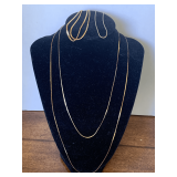 GOLD TONE DOUBLE CHAIN BRACELET 6", GOLD TONE CHARM BRACELET 6", 2 GOLD TONE CHAIN NECKLACES 16", 21"