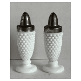 PAIR OF VINTAGE WESTMORELAND WHITE MILK GLASS HOBNAIL SALT & PEPPER SHAKERS W/ SILVERPLATE 4 3/4" TALL