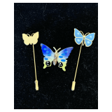 VINTAGE ENAMEL BUTTERFLY BROOCH & 2 BUTTERFLY STICK PINS